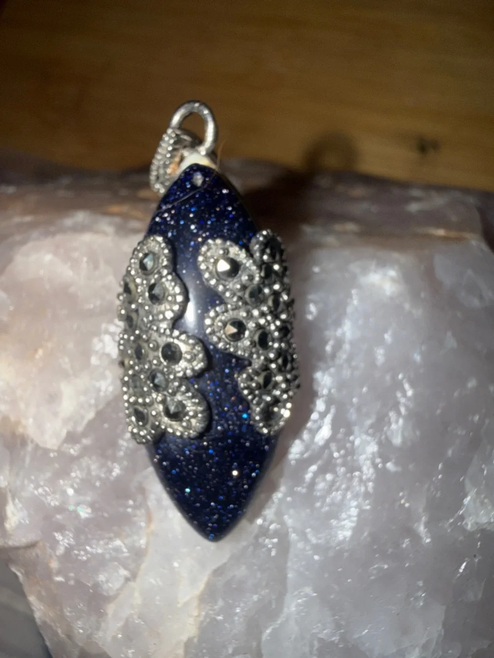 Vintage Sterling Silver Marcasite Blue Goldstone Pendant